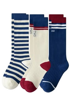 Just the sweetest socks for back to school. Set of two pair in Navy and Gray the perfect colors for your school uniforms. Super sweet knee high socks are sure to become her favorite. Ribbed knit socks in rich Autumn school colors 3-Pack includes one of each of Navy Stripe Navy Burgundy Cream Navy Store Uniform, Preppy Socks, Autumn School, Fall Socks, Sock Store, Sock Designs, School Socks, Team Socks, Hannah Rose