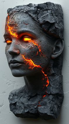 a statue with lava on its face is shown in the shape of a human head