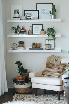 a living room with white shelves and plants on top of the shelves, including potted plants