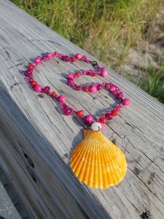 Colorful Shell & Gems Short Necklace Boho Beach Necklace, Crocheted, Beaded, Yellow Shell with a Pearl Accent The one pictured here was sold already - Last Friday I made one necklace in this pink and another one with blue beads; Today, Sunday they were both sold! I can make more :) Made to order! About 17" long Handmade Pink Necklaces With Round Beads, Pink Single Strand Beaded Necklaces For Jewelry Making, Pink Beaded Necklace For Beach, Adjustable Shell Necklace With Colorful Beads As Gift, Handmade Pink Strand Jewelry, Pink Gemstone Bead Necklaces, Pink Round Bead Necklace For Gifts, Pink Beaded Necklaces For Summer, Pink Single Strand Bohemian Beaded Necklaces