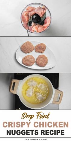 the recipe for deep fried crispy chicken nuggets is shown in three different pictures