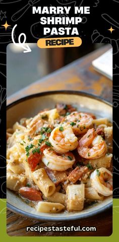 shrimp pasta recipe on a plate with the title mary me shrimp pasta recipe