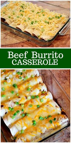 beef burrito casserole with peas and cheese in a glass dish on a wooden table