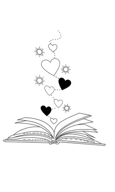 an open book with hearts flying out of it and stars coming out of the pages