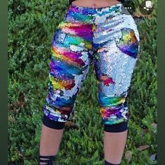 Cute Sequins Joggers Rainbow Colored With Minimal Stretch Multicolor Party Pants For Summer, Summer Party Multicolor Pants, Multicolor Stretch Pants For Party, Summer Party Multicolor Shorts, Stretch Multicolor Pants For Party, Stretch Multicolor Party Pants, Fun Stretch Shorts For Spring, Trendy High Waist Multicolor Leggings, Casual Rainbow Pants For Spring