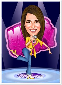 a cartoon caricature of a woman holding a microphone in front of a stage