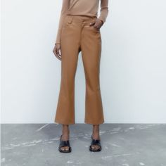 Nwt Zara Faux Leather Mini Flared Pants Size 2 (Us 26) Waist: 13” Rise: 11” Inseam: 24” Brown Jeans For Workwear In Fall, Brown Jeans For Workwear During Fall, Fall Brown Jeans For Workwear, Brown Workwear Jeans For Fall, Faux Leather Wide Leg Pants For Fall, Faux Leather Straight Leg Jeans For Work, Straight Leg Faux Leather Jeans For Work, Stretch Leather High-waisted Pants, Brown Mid-rise Jeans For Work