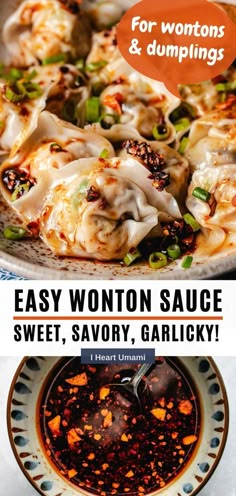 an easy wonton sauce is served in a bowl and on a plate with the words, easy wonton sauce for wontons and dumplings