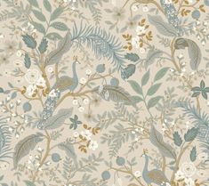 a floral wallpaper with birds and flowers in blue, green, gold and white