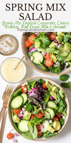 two bowls filled with salad sitting on top of a table