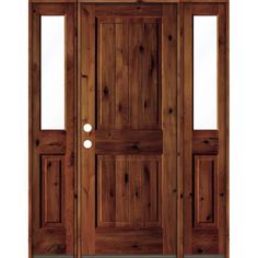 The Rustic Knotty Alder Square-Top V-Groove Prehung Exterior Door from Krosswood Doors calls to mind simpler times when homes were built for function and longevity while displaying the natural beauty of exposed wood. This eye-catching door is the perfect. Color: Red Chestnut Stain. Craftsman Front Door, Rustic Entry Doors, Gray Stained Wood, Prehung Exterior Door, Wood Front Entry Doors, Chestnut Stain, Red Mahogany Stain, Provincial Stain, Fiberglass Entry Doors