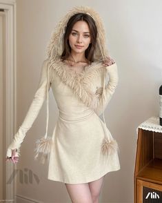 Zlily - Fashionable and Sexy Long Sleeve Hooded High Waist Bodycon Dress Beige Stretch Mini Dress For Winter, Winter Beige Stretch Mini Dress, Trendy Beige Mini Dress For Winter, Trendy Beige Winter Mini Dress, Fitted Beige Mini Dress For Winter, Beige Fitted Mini Dress For Winter, Winter Beige Fitted Mini Dress, Fitted Hooded Party Dress, Hooded Fitted Winter Dress