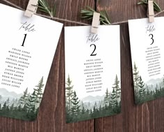 three wedding seating cards hanging on a clothes line with pine trees and mountains in the background