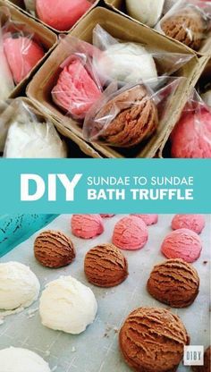 some pink and white cookies are in plastic bags on a table with the words diy to sundae bath truffle