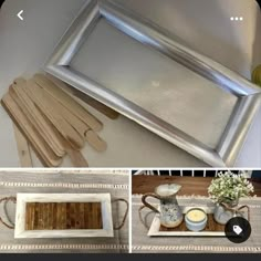 three pictures showing different types of wooden utensils and trays with spoons in them