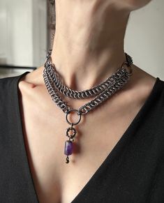 Chainmail Choker Necklace Attachable Amethyst Gemstone Charm Pendant Called quantum Portal - Etsy Luxury Elegant Chainmail Jewelry, Gothic Amethyst Necklace Gift, Silver Chainmail Necklace, Chainmail Necklace Patterns, Chain Mail Necklace, Chainmail Jewelry Patterns, Chainmail Harness, Chainmail Belt, Chainmail Ring