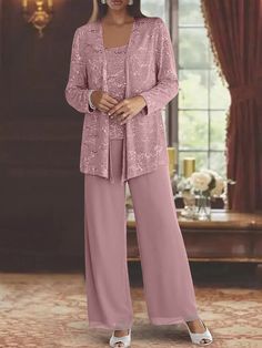 Chiffon Mother of the Bride Pantsuits with Jacket & Sequins - Mondressy Grandmother Of The Bride Outfits, Mother Of The Bride Pantsuits, Bride Pantsuit, Grandma Dress, Dress For Mother, Sequins Jacket, Mother Of The Bride Suits, Bride Top, Sequin Sleeve