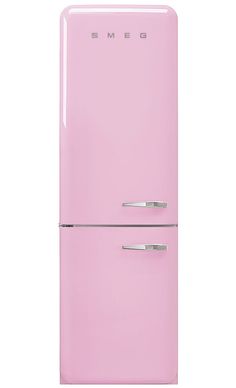 a pink refrigerator freezer sitting on top of a white wall