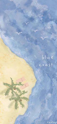 a painting of a tree on the beach with words blue coast written in white above it