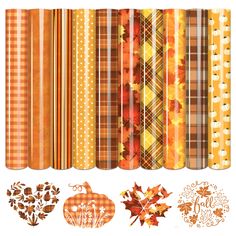 a set of autumn papers with pumpkins, leaves and plaid patterns on them for scrapbooking