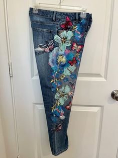 Upcycled, Floral/butterfly Embroidery, Embellished, Retro/vintage Style Mom Denim Jeans, Bohemian, Wearable Art, Statement, Spring/summer - Etsy Spring Floral Embroidered Straight Leg Jeans, Summer Floral Embroidery Straight Leg Jeans, Bohemian Dark Wash Bottoms For Spring, Summer Cotton Flare Jeans With Floral Embroidery, Summer Floral Embroidery Cotton Flare Jeans, Spring Floral Embroidered Dark Wash Jeans, Dark Wash Floral Embroidery Jeans For Spring, Spring Floral Embroidered Cotton Flare Jeans, Summer Bohemian Denim Pants