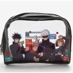 Rep Your Favorite Anime On The Go With This Jujutsu Kaisen Makeup Bag. Perfect For Holding All Of Your Makeup And Toiletry Essentials. This Transparent Bag Features A Group Shot Of Megumi, Yuji, Satoru And Nobara On One Side, And The Show's Logo On The Other. 8'' X 2 1/2'' X 6'' Polyurethane Zipper Closure Black Zipper Pouch Shoulder Bag For School, Black Shoulder Bag With Zipper Pouch For School, Black Bags For Personal Use, Black Bag With Removable Pouch For Personal Use, Black Pouch Cosmetic Bag For School, Black Bag With Zipper Pouch For Personal Use, Trendy Black Pouch For Personal Use, Portable Black Cosmetic Bag For School, Black Portable Cosmetic Bag For School