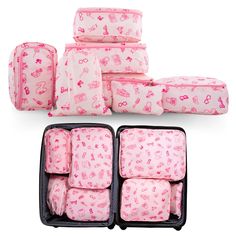 PRICES MAY VARY. 100% Polyester ITEM INCLUDES: This 7-piece Barbie storage packing cube set includes one extra-large packing cube (18"x13.75"x5"), one large packing cube (15.7"x11.8"x4.7"), one medium packing cube (12.9"x11"x4.7"), one drawstring bag (13.7"x10.6"), one underwear bag (11.8"x8.6"x4.7"), one toiletry bag (8.6"x6.6"x3.1"), and one sock bag (9.8"x6.2"). Perfect for all your travel essentials! VERSATILE TRAVEL ORGANIZER: Keep your travel essentials organized and stylish with these Bar Organization Packing, Barbie Storage, Soft Storage, Packing Organizers, Packing Cubes, Travel Organizer, Chic Pink, Travel Set, Pink Design