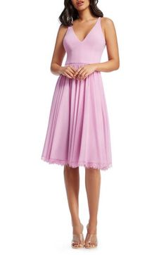 Offering textural contrast in a monochromatic palette, this versatile party dress pairs a fitted crepe bodice with a softly gathered chiffon skirt. Slender straps and a plunging neckline highlight luminous skin, while a scalloped lace hem makes a romantic finish. 43" length (size Medium) Hidden back-zip closure Deep V-neck Sleeveless Lined 95% polyester, 5% spandex bodice; 100% polyester skirt Machine wash, line dry Imported Special Occasion Adriana Papell Dress, Tea Length Cocktail Dresses, Fit And Flare Cocktail Dress, Cocktail Dress Nordstrom, Wedding Dress Gallery, Lace Dress Design, Church Clothes, Polyester Skirt, Monochromatic Palette