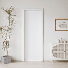 an empty room with a white door and potted plant on the floor next to it