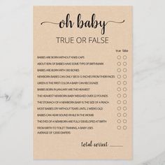 a printable baby shower checklist with the words, oh baby true or false