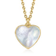 Ross-Simons - Mother-of-Pearl Heart Pendant Necklace in Gold Over Sterling. 18". Dreamy and divine, this 15x17mm heart-shaped mother-of-pearl cabochon pendant necklace brings a romantic quality to your style in a heavenly neutral hue that looks lovely on everyone. Finely crafted in polished 18kt yellow gold over sterling silver and suspended from a cable chain with a 2" extender. Lobster clasp, mother-of-pearl heart pendant necklace. Pearl birthstones are the perfect gift for June birthdays. Mother Son Cameo Jewelry, Luxury Mother Of Pearl Necklace With Pearl Drop, Pearl Birthstone, Silver Gift Box, Pearl Heart, Chain Extenders, Cabochon Pendant, Necklace Pearl, S Tattoo