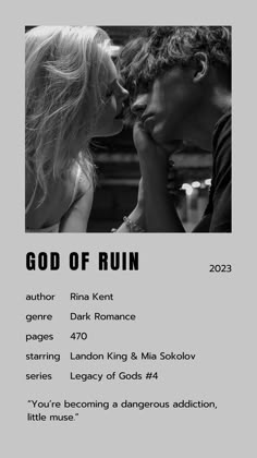 a poster with the words god of ruin written in black and white, next to a photo of two people