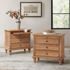 two wooden nightstands sitting next to each other on top of a carpeted floor