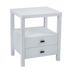 an end table with two drawers on each side and one drawer below the bottom shelf