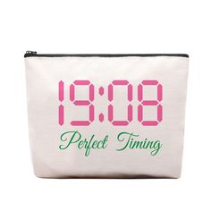 a white zipper bag with the words perfect time printed in green and pink on it