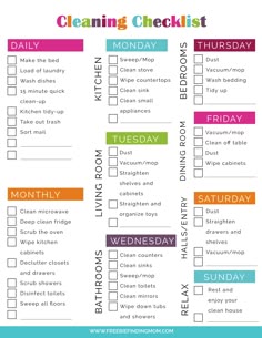 the cleaning checklist is shown in this printable version, which includes daily tasks