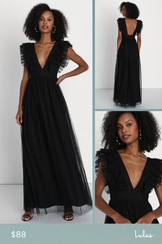 We can't wait for the perfect occasion to come around so we can stun everyone with the Lulus Simply Delighted Black Mesh Ruffled Backless Maxi Dress! This stunning dress is composed of sheer mesh fabric (atop a matching knit liner) that shapes wide straps adorned with flouncy ruffled trim, wide straps, and a sleeveless bodice with a sultry backless design. A high, banded waist tops a twirl-worthy, A-line skirt that cascades down to a sweeping maxi hem. Hidden back zipper/clasp. Fit: This garment Party Dress With Mesh Sleeves And V-neck, Chic V-neck Mesh Dress For Evening, V-neck Organza Party Dress, Formal Sheer Maxi Dress For Prom Season, Glamorous Black Mesh Dress With Sheer Sleeves, Sheer Dressy Evening Dress, Dressy Sheer Evening Dress, Fitted Sheer Mesh Dress In Tulle, Fitted Sheer Tulle Mesh Dress