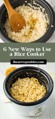 rice cooking in a slow cooker with text overlay reading 6 new ways to use a rice cooker