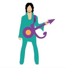 a man in blue is holding a purple and orange guitar with an arrow on his chest