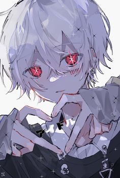 an anime character with white hair and red eyes holding a cell phone to his ear