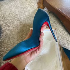 Blue Satin Louboutins Worn 1x, Wear On The Bottom And Heels (Shown) Size 38, They Fit True To Size Pigalle Follies, Blue Satin, Christian Louboutin Shoes, Shoes Women Heels, Christian Louboutin, Shoes Heels, Satin, Women Shoes, Heels