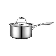 a stainless steel sauce pot with a lid and spoon in the bottom, on a white background