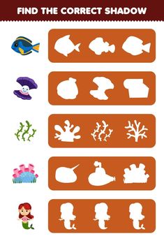 find the correct shadow for different types of fish and sea creatures in this matching game