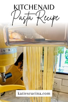 KitchenAid Pasta Recipe pasta dough going through machine with Pinterest text. Homemade Noodles Kitchenaid Stand Mixers, Italian Noodles Recipes, Fresh Linguine Pasta Recipe, Pizza Dough Recipe Stand Mixer, Healthy Kitchenaid Mixer Recipes, Kitchenaid Pizza Dough, Kitchenaid Pasta Recipe, Home Made Pasta Recipe, Kitchen Aid Pasta