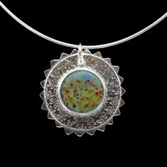 Fields of Flowers impressionist style enamel pendant necklace inspired by Claude Monet Artisan Medallion Jewelry Gift, Artisan Medallion Jewelry As A Gift, Handmade Wearable Art Jewelry For Art Collection, Silver Metal Jewelry Wearable Art, Artisan Enamel Jewelry As A Gift, Artisan Sterling Silver Jewelry For Collectors, Artisan Silver Jewelry With Round Pendant, Handmade Silver Snake Chain Jewelry, Adjustable Sterling Silver Jewelry With Large Pendant