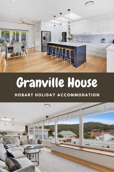 an open floor plan with the words granville house hoart holiday accommodations in front of it