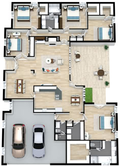 A square five bedroom floor plan with a two-car garage, and a semi-open concept in the middle. 5 Bedroom Open Floor Plan, House With Side Garage, Six Bedroom House Plans, 5 Room House Plans, 5 Bedroom House Floor Plan One Level, Two Floor House Plans, House 5 Bedroom, House Design 4 Bedroom, 5 Bedroom House Floor Plan