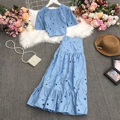 Name: round neck short sleeve short jacket + high waist long flounce skirt, two setsMaterial:blended,embroideredColor:black,blue,white,pinkFeatures:hollow embroideredSize(cm):M,L 1inch=2.54cmM:length:34,bust:78-80,waist:74-76,skirt length:85,skirt waist:68L:length:35,bust:82-84,waist:78-80,skirt length:86,skirt waist:72&ltbr/>&ltp&gtNote:Due to different measurement methods,there will be 1-3 error(unite:cm), please understand.</p>&ltbr/>&ltp&gtPlease check the Spring Mini Length Dress With Fake Two-piece Design, Cotton Skirt With Floral Embroidery For Beach, Blue Floral Embroidered Skirt For Summer, Blue Embroidered Long Skirt, Casual Embroidered Blue Skirt, Mood Designer Fabrics, Tight Dress Outfit, Long Skirt Fashion, Traditional Dresses Designs