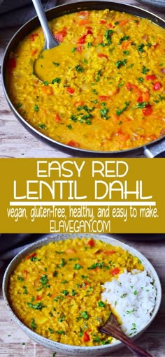 two bowls filled with lentils and rice on top of a wooden table