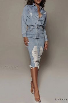 Lasaky - Premium Indigo Solid Distressed High-Rise Skinny Denim Skirt in Classic Blue High Waist Ripped Denim Skirt, Ripped High Waist Denim Skirt, Ripped Denim Skirt In Medium Wash, Ripped Medium Wash Denim Skirt, Fitted Denim Skirt With Distressed Details, Ripped Denim Skirt In Dark Wash, Ripped High-rise Denim Skirt, Blue High Waist Distressed Denim Skirt, High Waist Distressed Blue Denim Skirt